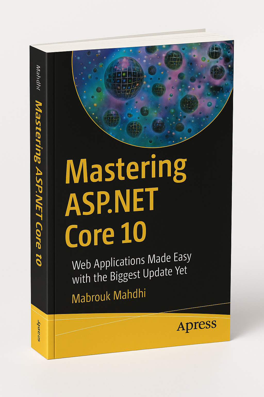 ASP.NET Core 10 technical book cover with modern blue and purple gradient design, professional programming book style